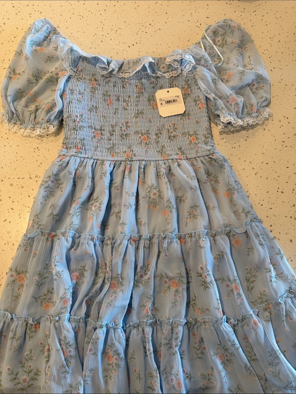 Altar'd State Light Blue Floral Smocked Tiered Puff Sleeve Dress